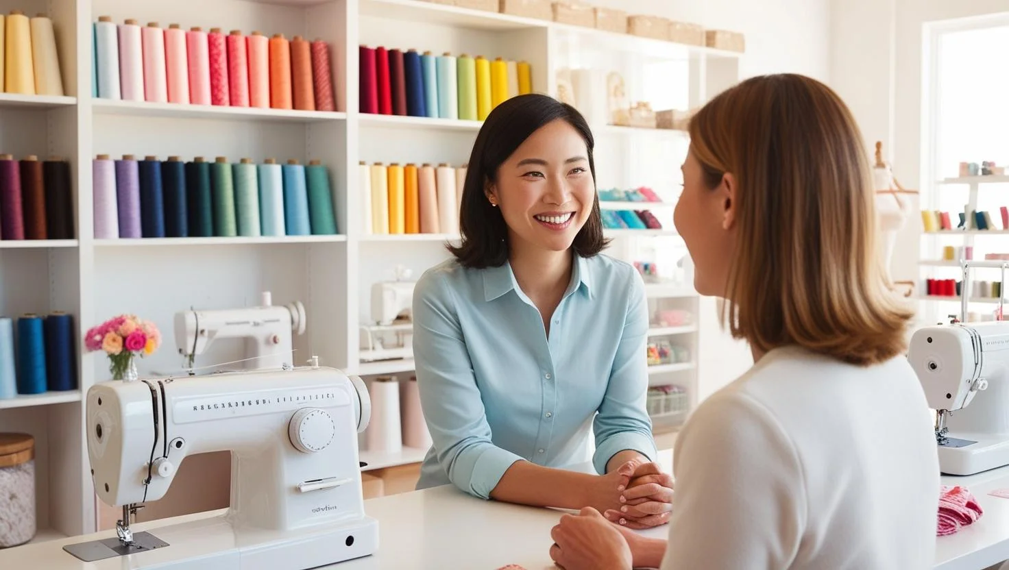 Dona de ateliê conversa com cliente em balcão de atendimento, com máquina de costura branca e prateleiras organizadas de linhas coloridas ao fundo